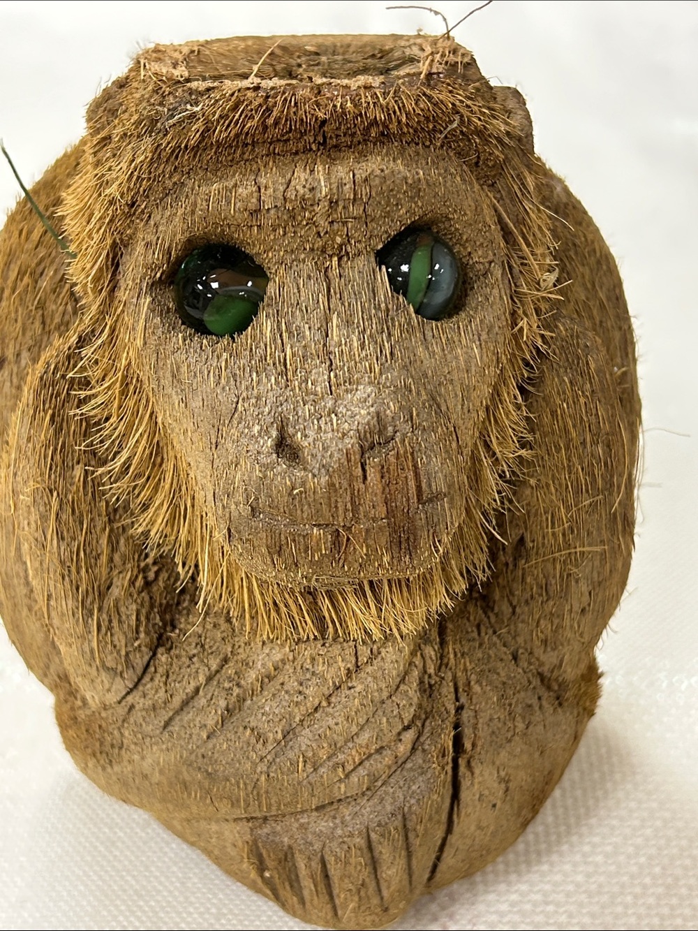 Hand-Carved Coconut Monkey Figurine with Glass Eyes image 2